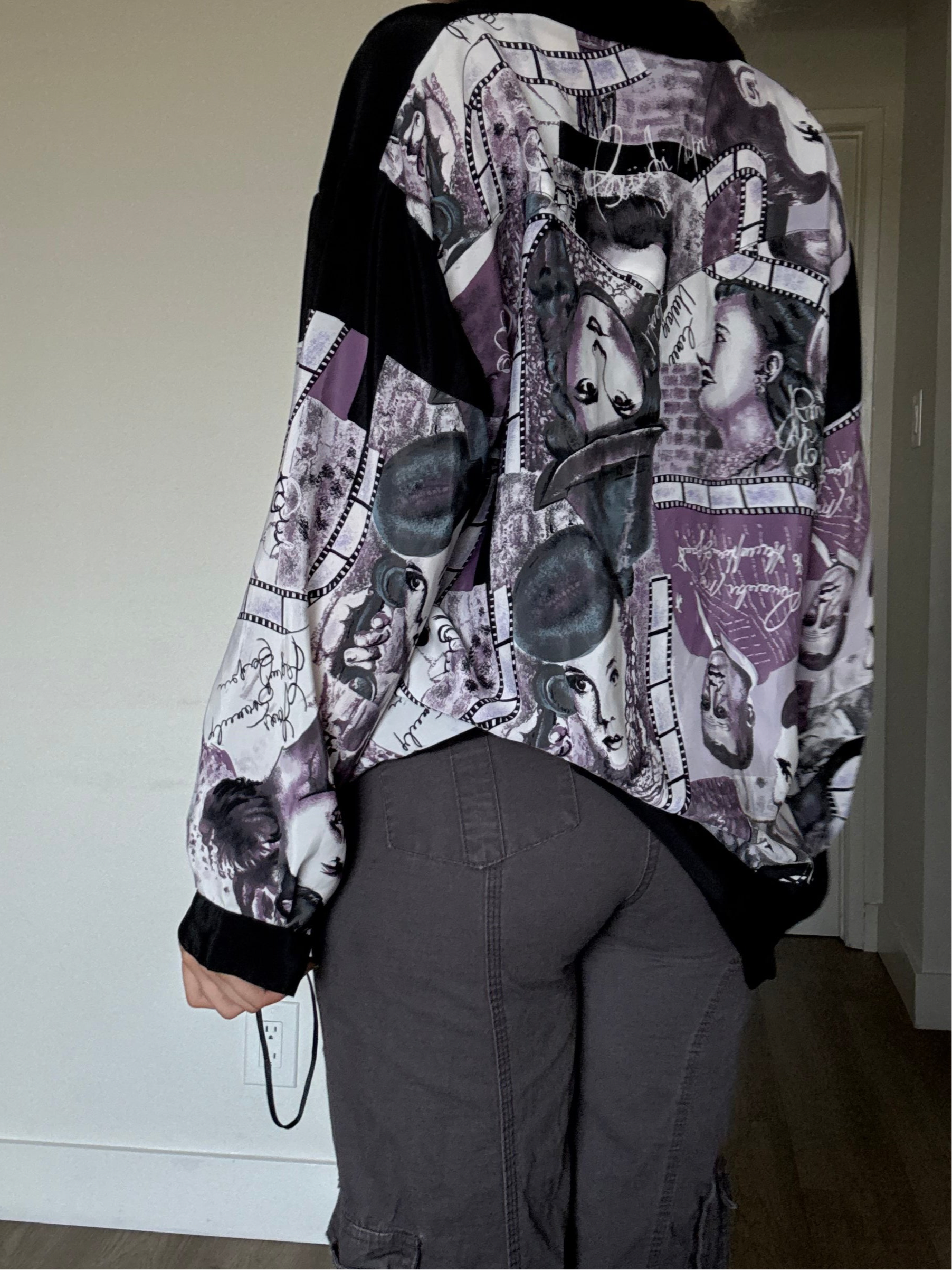 Purple and black vintage 90s film print button up shirt, avant-garde