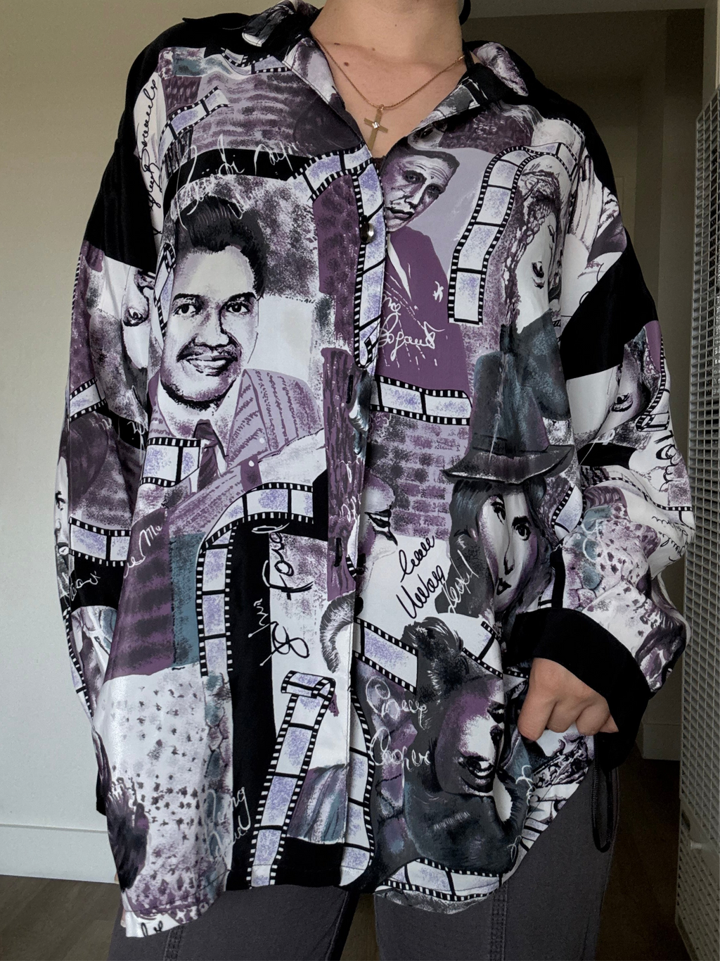 Purple and black vintage 90s film print button up shirt, avant-garde